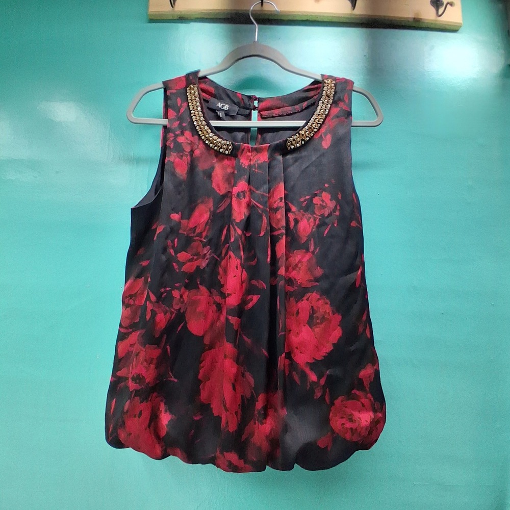 AGB Sleeveless Bubble Hem Blouse Large Black Red Floral Embellished Neck Top